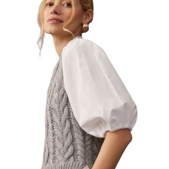 Anthropologie English Factory Wht/Gray Cable Knit Puff Sleeve Tier Ruffle Dress - Picture 10 of 17